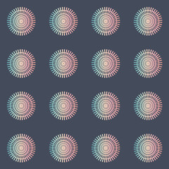 Disk mandala wheel seamless pattern on dark background, symmetrical color background