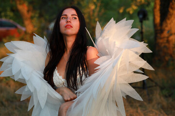 Beautiful brunette woman with white wings