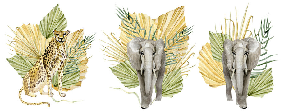Beautiful animal composition with hand drawn watercolor cute baby elephant and cheetah  in tropical floral leaves ans branches. Safari kids design. Stock illustration