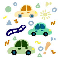 Fantasy fictitious cars, children drawing of a auto, a set of automobile and road signs