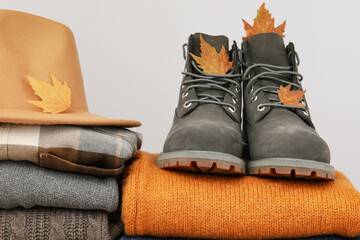 Concept of autumn clothes, autumn season wardrobe