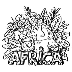 Africa word hand lettering with cute African animals in cartoon style