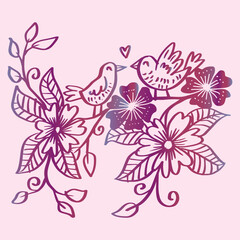 Cartoon decorative two birds sitting on branch of tree
