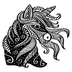 Hand drawing of horse head in zentangle style