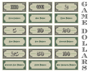 An example of a vector set of gaming banknotes in denominations from 0 to 100 dollars. Cash paper money
