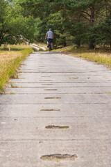 Tourist cycling along the green belt near Domitz former inner-German border and death strip between East and West Germany during the cold war. Nowadays a major biosphere park in Germany.