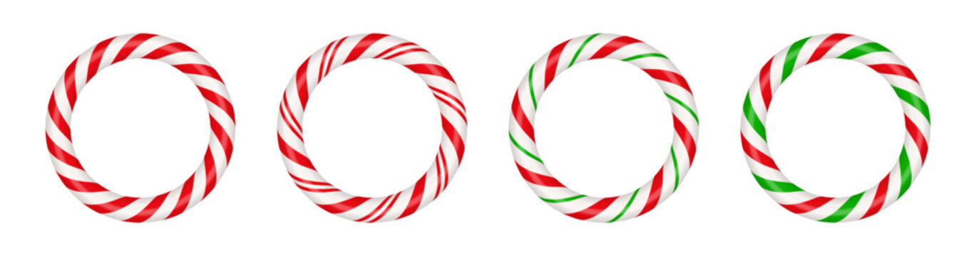 Christmas candy cane circle frame with red and green striped. Xmas border with striped candy lollipop pattern. Blank christmas and new year template. Vector illustration isolated on white background.