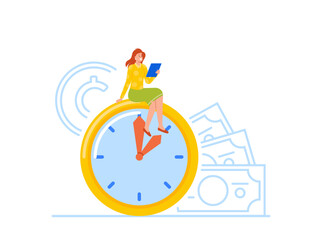 Confident Businesswoman Sitting on Huge Clock with Tablet Pc in Hands. Deadline, Time Management in Working Process