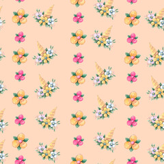 Unicorn, rainbow and magic pastel colors seamless pattern. Set of beauty cartoon unicorn with magical elements. Repetitive wallpaper. Perfect for fabric, wallpaper, wrapping paper or nursery decor