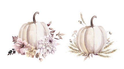 Watercolor Bouquets with Autumn Flowers, Wheat and Pumpkins.