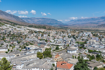 Cityscape of the Old Town of Gjirokaster located on the hills, Albania - 523991452