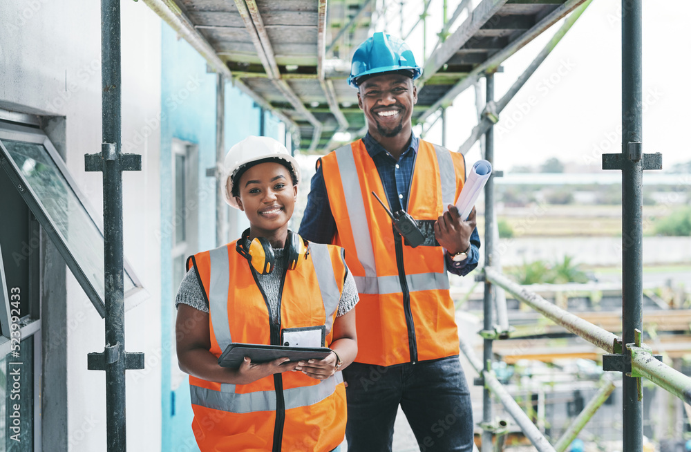 Aufkleber Builder and engineer working together as a construction team on a building site and standing on scaffolding. Portrait of a man and woman in a hardhat and vest at work on a new development project