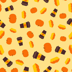 Seamless pattern with pumpkin pie, cup of coffee, pumpkin. Halloween background. Autumn harvesting. Retro design for print on fabric, wrapping paper, wallpaper, packaging. Vector illustration