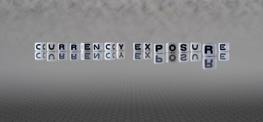 currency exposure word or concept represented by black and white letter cubes on a grey horizon background stretching to infinity