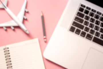 Blurred background of desk and workspace in office.