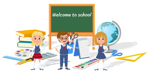 Welcome to the school.Children on the background of a set of school supplies .Vector illustration.