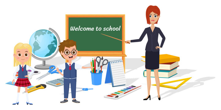 Welcome to the school.The teacher meets the students for lessons.Vector illustration.