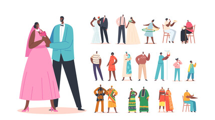 Set of African Characters, Black Newlywed Couples, Children, Modern and Traditional Authentic Pairs, Kids, Men and Women