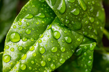Beautiful green leaf texture with drops of water.
