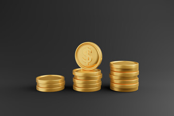 Financial dollar gold coin Tower on black background. Realistic 3D ilusstration icon for stock market Crypto or Forex foreign exchange