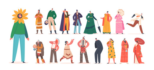 Set Of People In Theatrical Costumes. Male And Female Characters Kids And Adults Wear Suits Of Sunflower, Professor