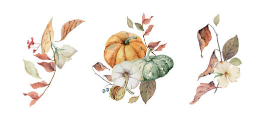 Watercolor vector set of autumn bouquets with pumpkins, leaves and branches..