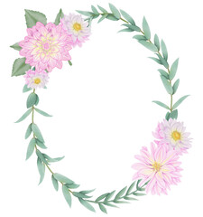 Fototapeta na wymiar Pink flowers watercolor dahlia illustration. pink dahlia wreath.