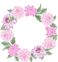 Fototapeta premium Pink flowers watercolor dahlia illustration. pink dahlia wreath.
