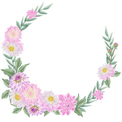 Fototapeta na wymiar Pink flowers watercolor dahlia illustration. pink dahlia wreath.