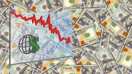 Economic illustration. 3d financial graph fall, on a background of turbid scattered banknotes of nominal 100 dollars. Recession and crisis