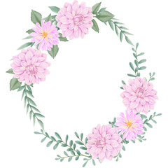 Naklejka na ściany i meble Pink flowers watercolor dahlia illustration. pink dahlia wreath.
