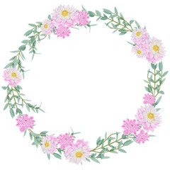 Naklejka na ściany i meble Pink flowers watercolor dahlia illustration. pink dahlia wreath.