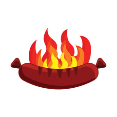 Realistic Grilling Sausage On Flame Against White Background.