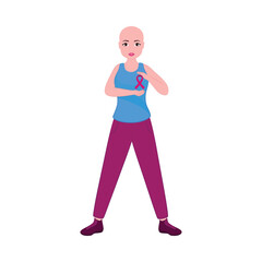 Modern Bald Young Girl Wearing Pink Cross Ribbon On White Background For Breast Cancer Awareness.