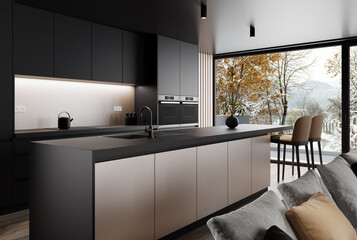 Modern and minimalist apartment interior living room. Black modern matte Kitchen with long island. Modern furniture. 3d rendering