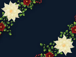 Top View Of Beautiful Poinsettia Flowers With Leaves, Berries Decorated Blue Background And Copy Space.