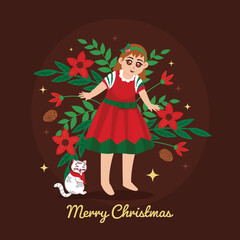 Merry Christmas Concept With Young Girl Standing, Cute Cat, Poinsettia Floral And Pine Cones On Brown Background.