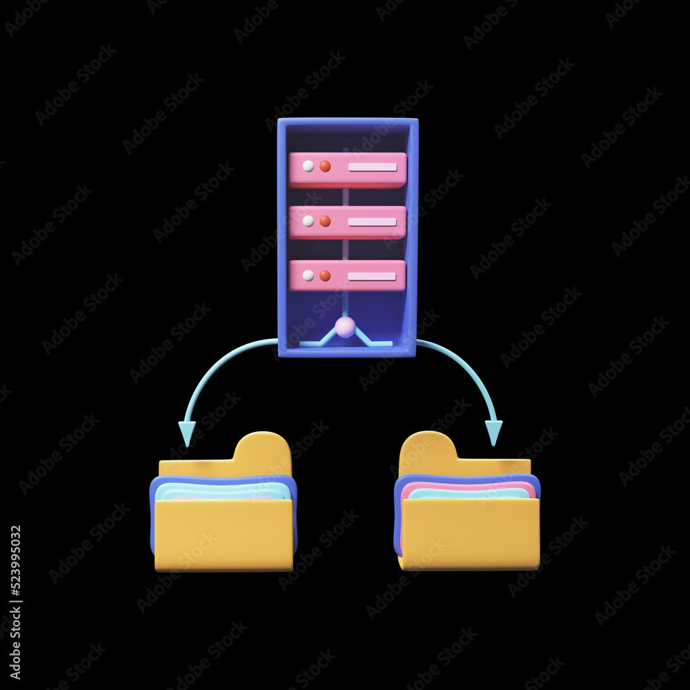 Aufkleber 3d render of attach server folder symbol on black background.