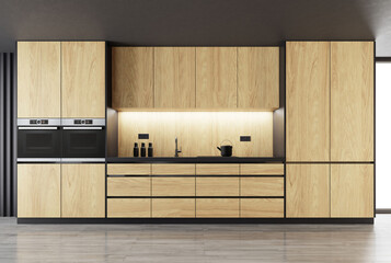 Trendy and modern matte black Italian style open concept kitchen with natural oak wood. 3d rendering.