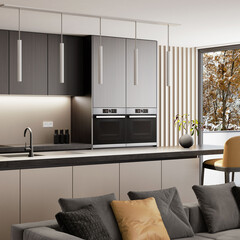 Modern and minimalist yellow and black apartment interior living room. Kitchen with long island. Modern furniture. Winter scene background. Rural. 3d rendering
