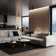 Modern and minimalist apartment interior living room. Dark gold and black concept. Kitchen with long island. Modern furniture. 3d rendering. Winter scene background.
