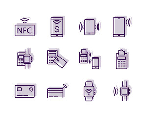 NFC payment flat line icons set. Vector sign of smartphone and card NFC paying with POS terminal. Simple flat vector illustration for store, web site or mobile app