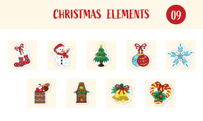 Illustration Of Sticker Style Christmas Element Set On White Backgroumd.