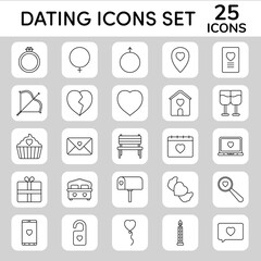 Black Line Art Set Of Dating Icons In Flat Style.