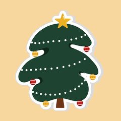 Isolated Cute Cartoon Style Christmas Tree With Decorated Bauble In Flat Style.