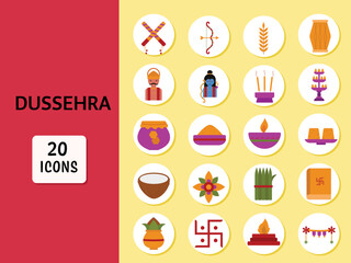 Isolated Dussehra -20 Icons Set In Yellow And Red Background.