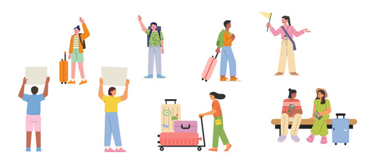 Many passengers leaving for a trip at the airport. flat design style vector illustration.