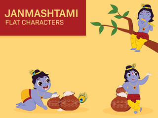 Cute Little Krishna Flat Characters Set Over Yellow Background For Happy Janmashtami.