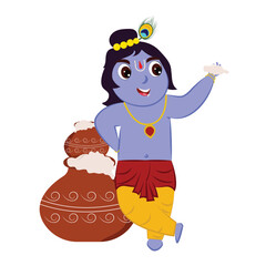 Cheerful Cartoon Bal Gopal Showing Makhan Against Stack Matki Flat Vector.