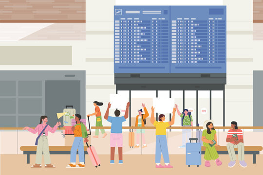 Many passengers are coming out of the airport departure hall. People waiting for friends are waving their hands. flat design style vector illustration.